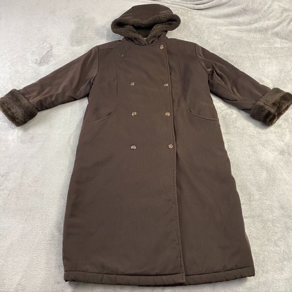 VINTAGE Bromley Sport Coat Womens Small Petite Long Faux‎ Fur Hood Outdoor Chore